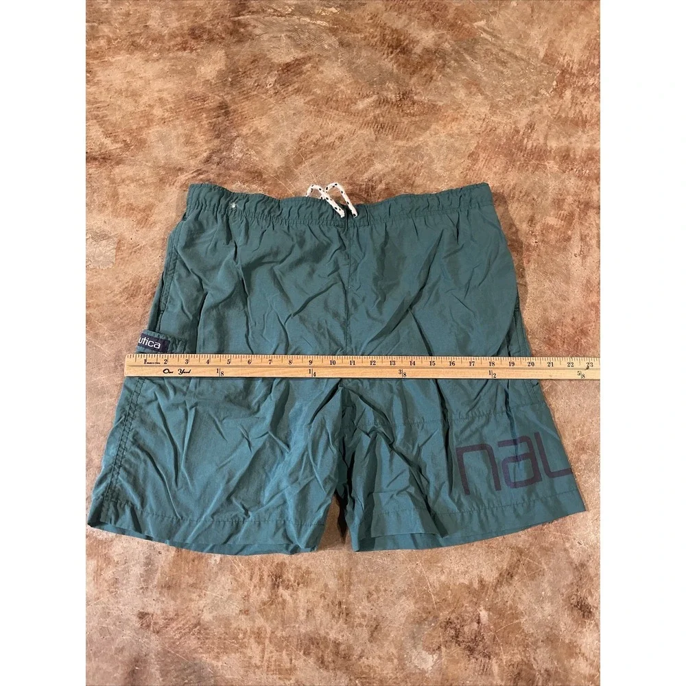 Vintage Nautica Boys S 8-10 Solid Green Nylon Mesh Lined Swim Trunks‎ Logo